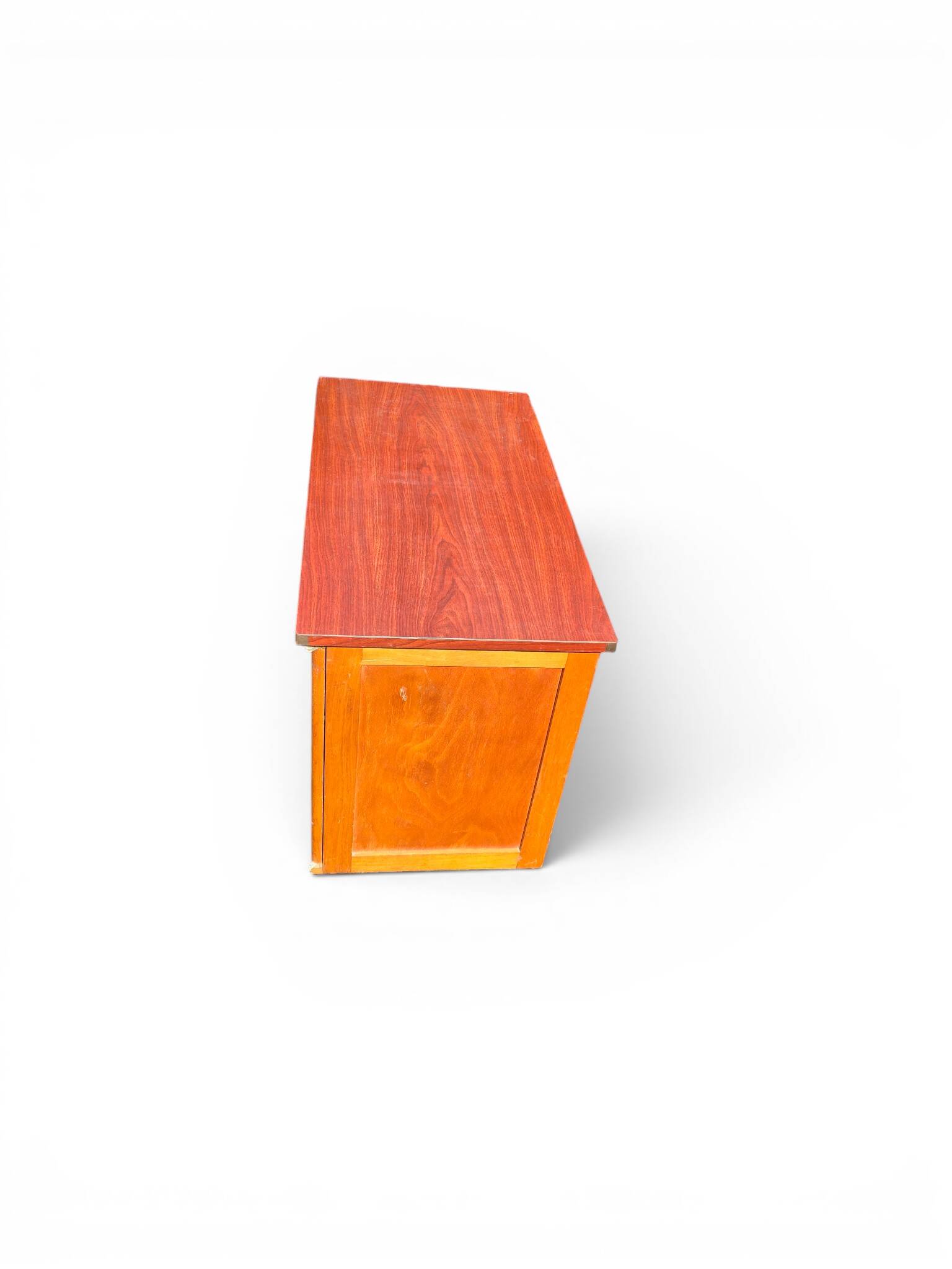 Vintage 1950s desk in red Formica, wood and metal.