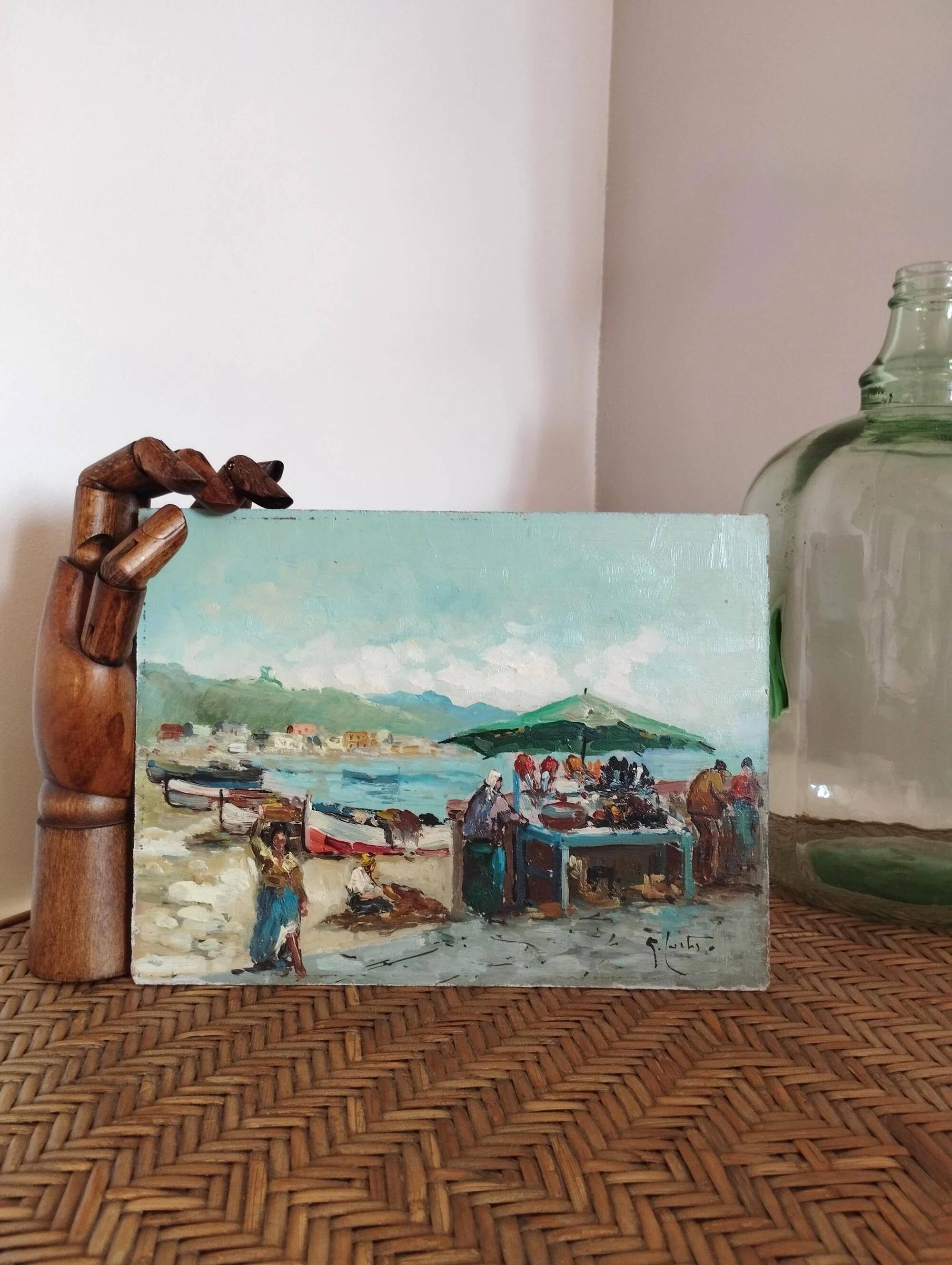 At the market by the port. Small painting signed Guglielmo Curti.