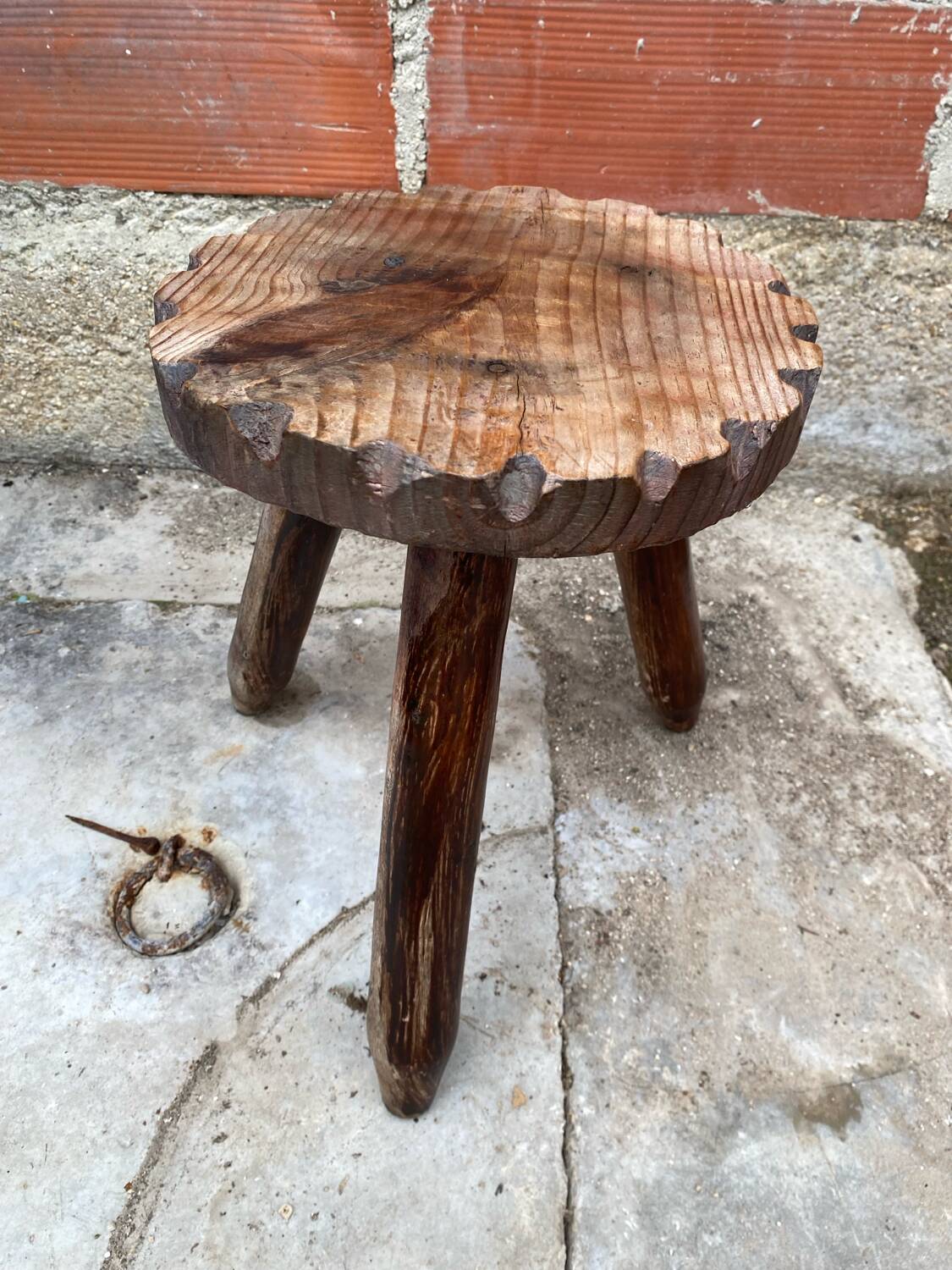 Tabouret de Traite Ancien Tripode Bois Brut Art Populaire Vintage #C60