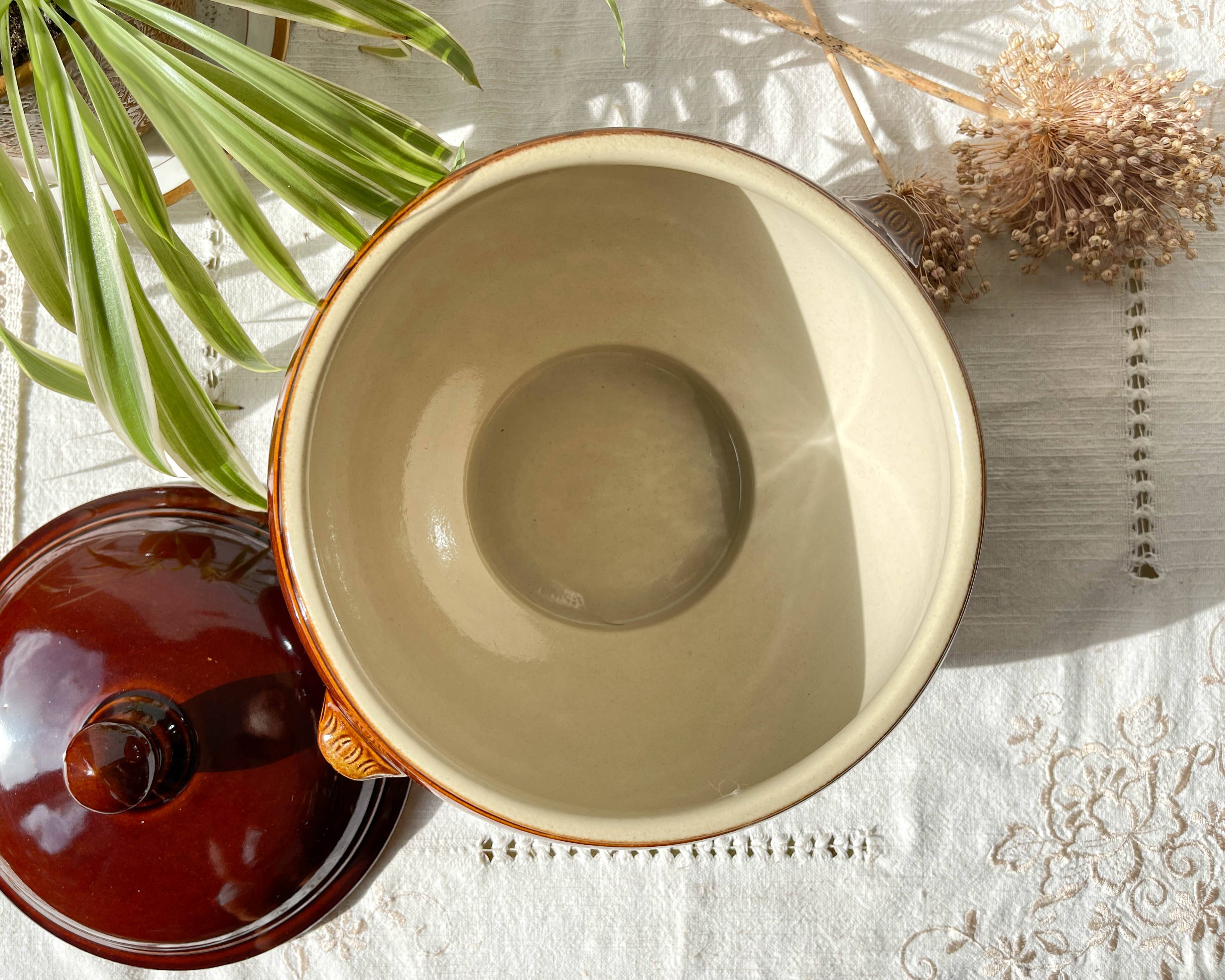 Vintage brown glazed stoneware onion soup tureen