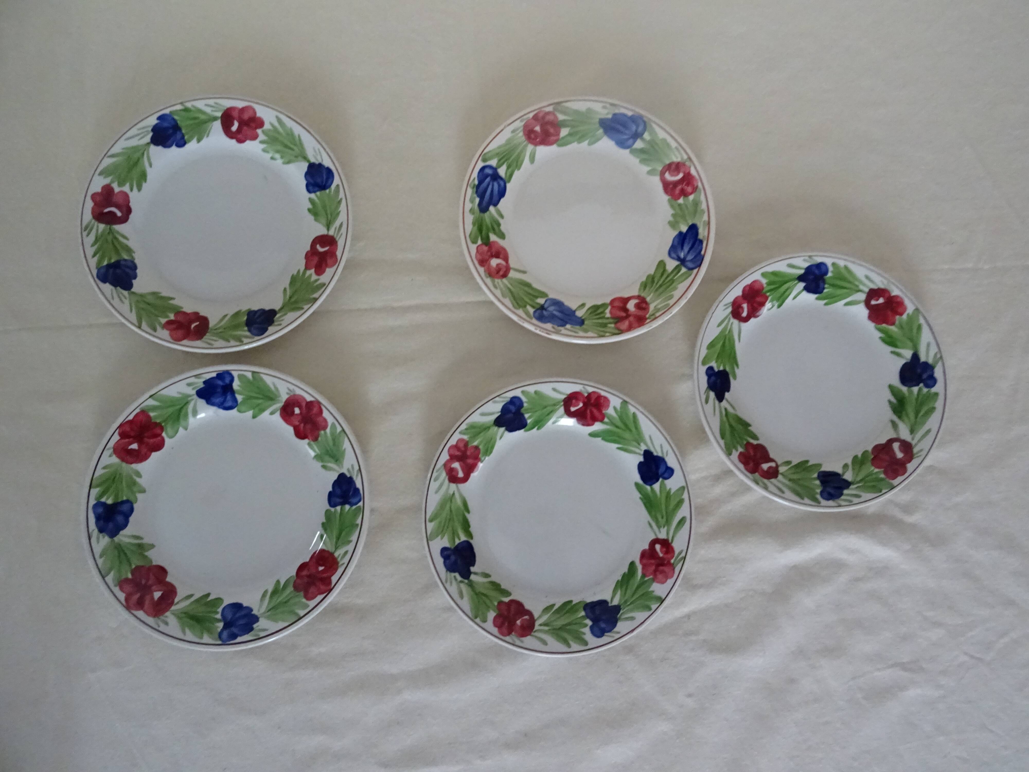 5 plates Luneville Badonviller old faience 385012 red flowers
