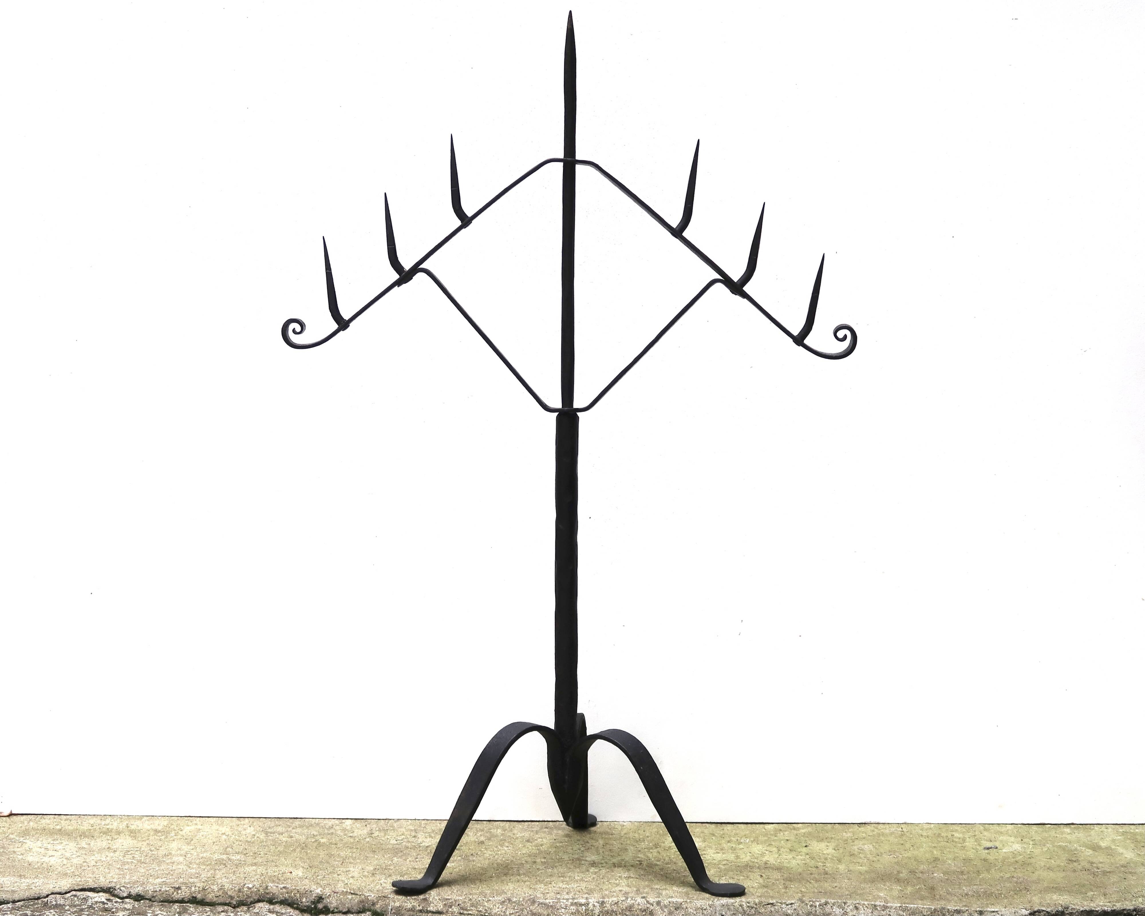Large 7-arm wrought iron tripod candle holder, 1950s
