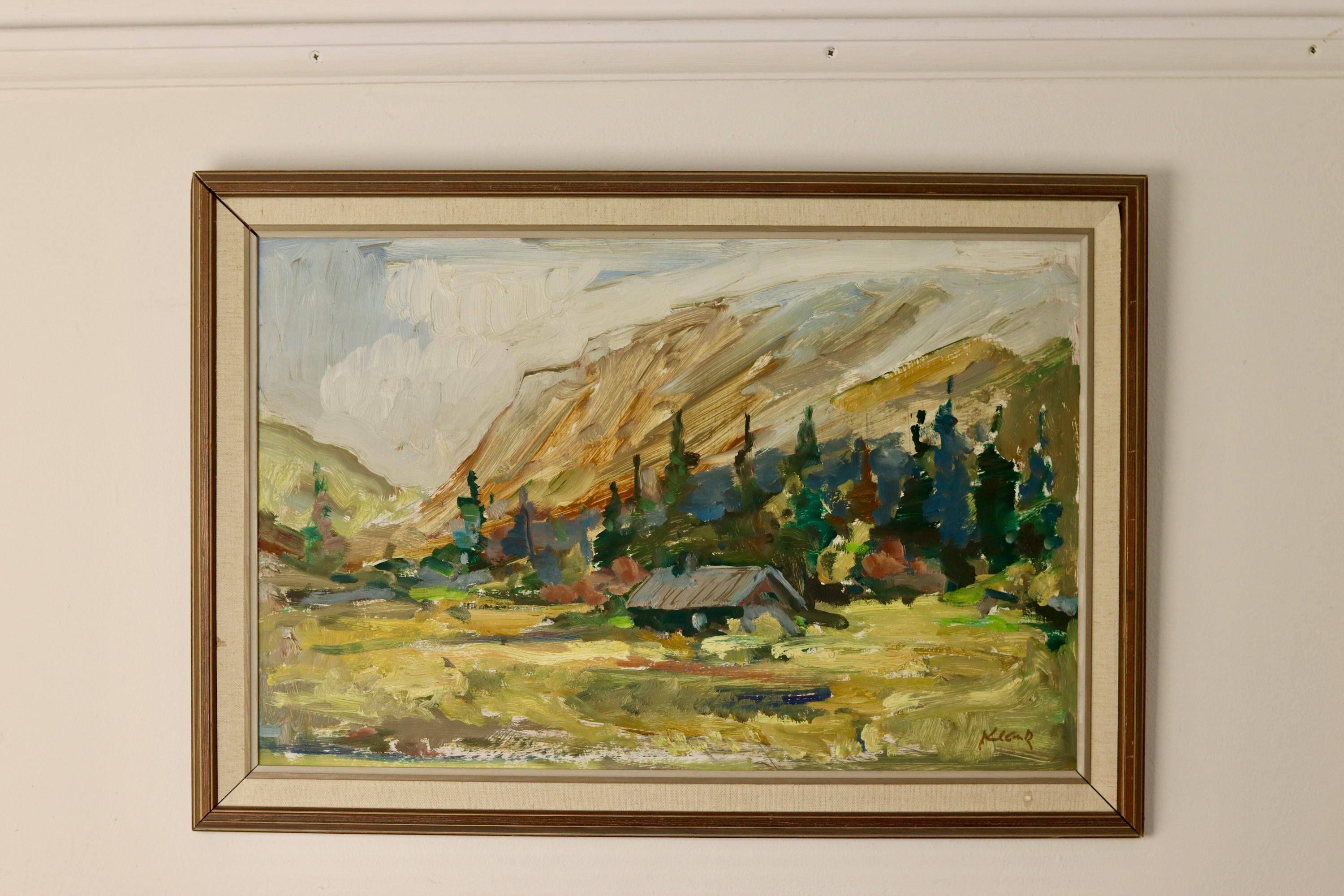 Oil painting on vintage panel "Mountain Cabin with Forest and Hills" - Vintage and framed