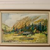 Oil painting on vintage panel "Mountain Cabin with Forest and Hills" - Vintage and framed