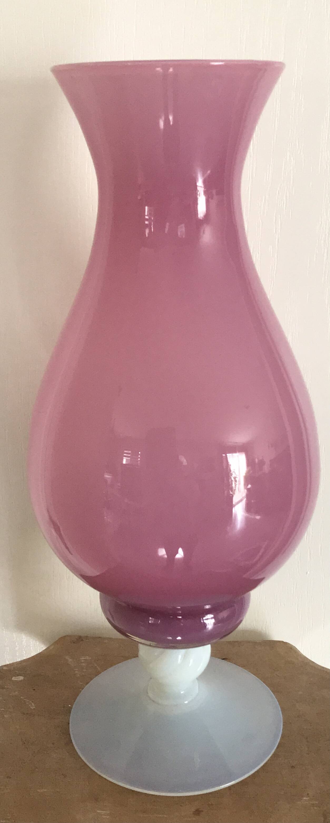 Vintage vase in pink opaline on white foot 36.8 cm