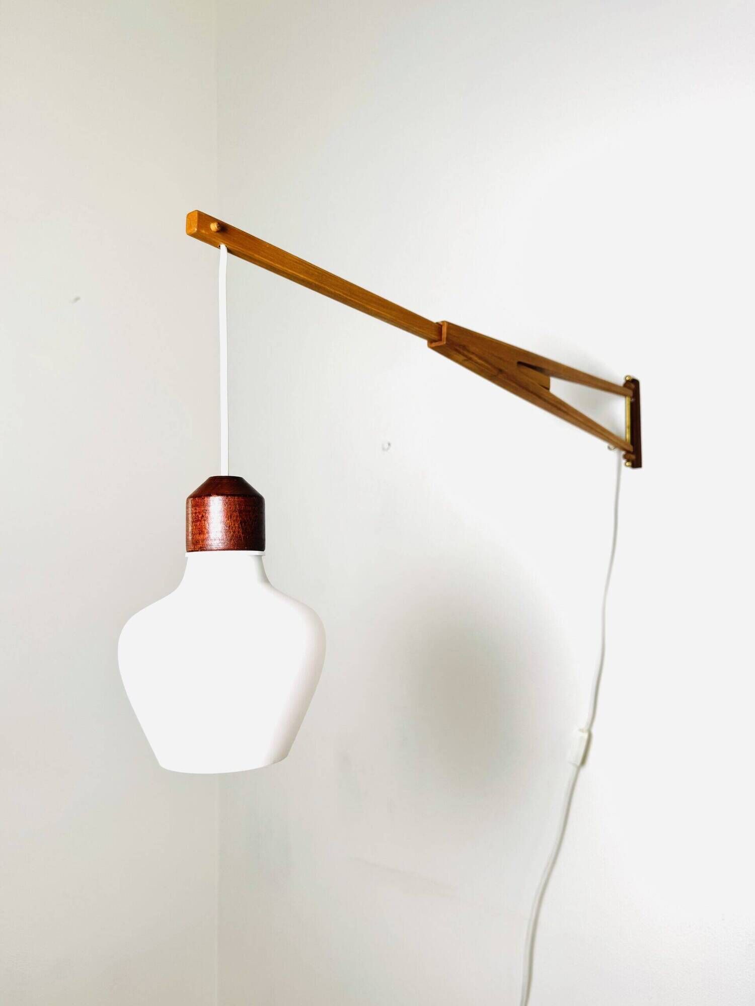 Large Extendable Swivel-Arm Wall Lamp In Wood And Opal Glass, Sweden 1950S