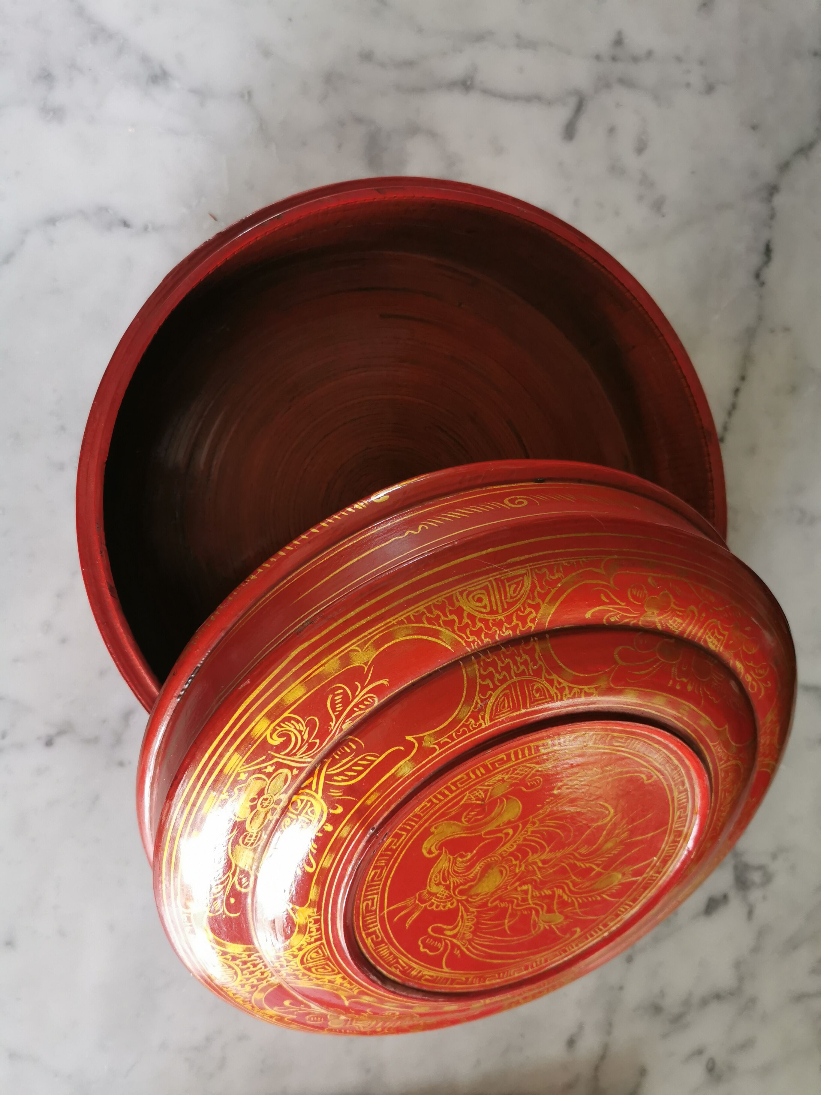 Old Asian wooden round box in lasca