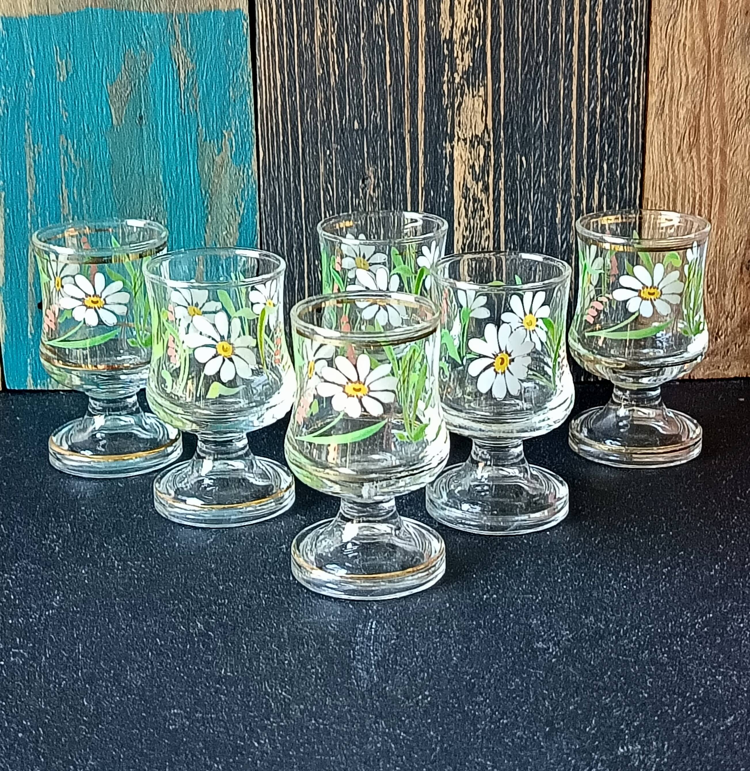 6 verres liqueur, décor fleurs vintage