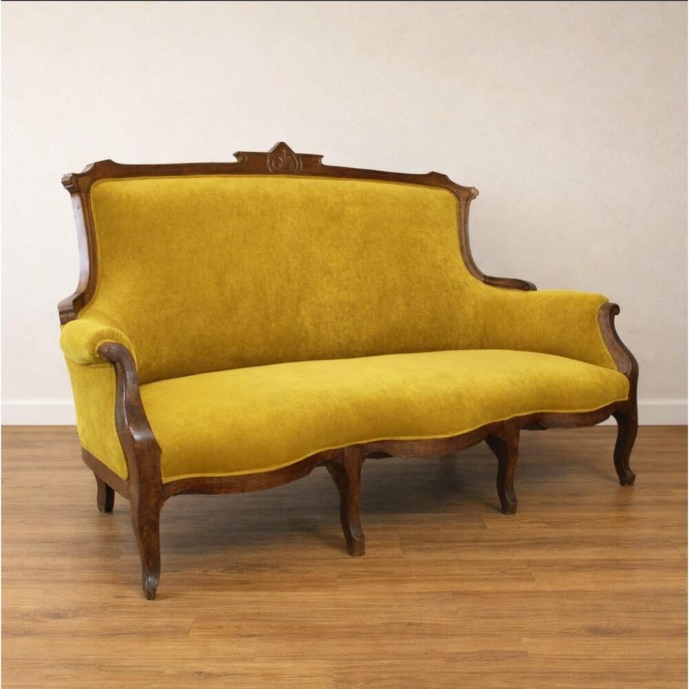 Art Nouveau walnut and mustard velvet sofa