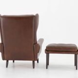 1970 Svend Skipper High Back Armchair and Stool in Brown Leather, Denmark