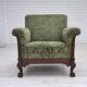 1950s, Danish armchair, green furniture velour, carved oak wood.