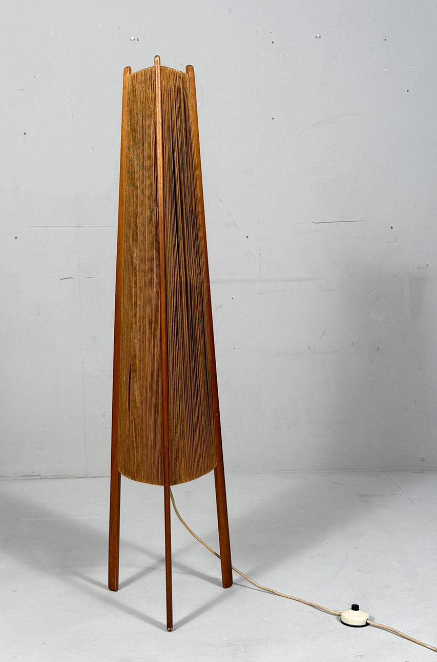 Mid-century floor lamp, sisal/teak wood, Temde, Switzerland, 1960s.