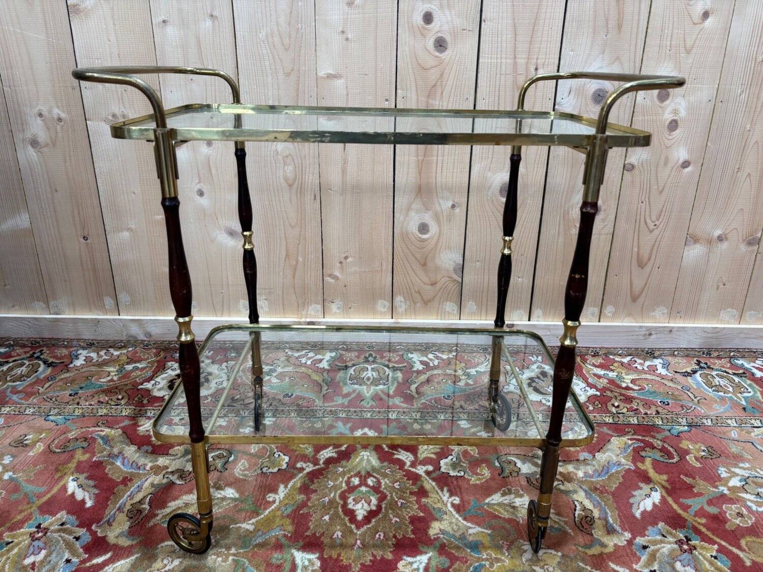 Glass, brass, and wood side table from the 1950s/60s.