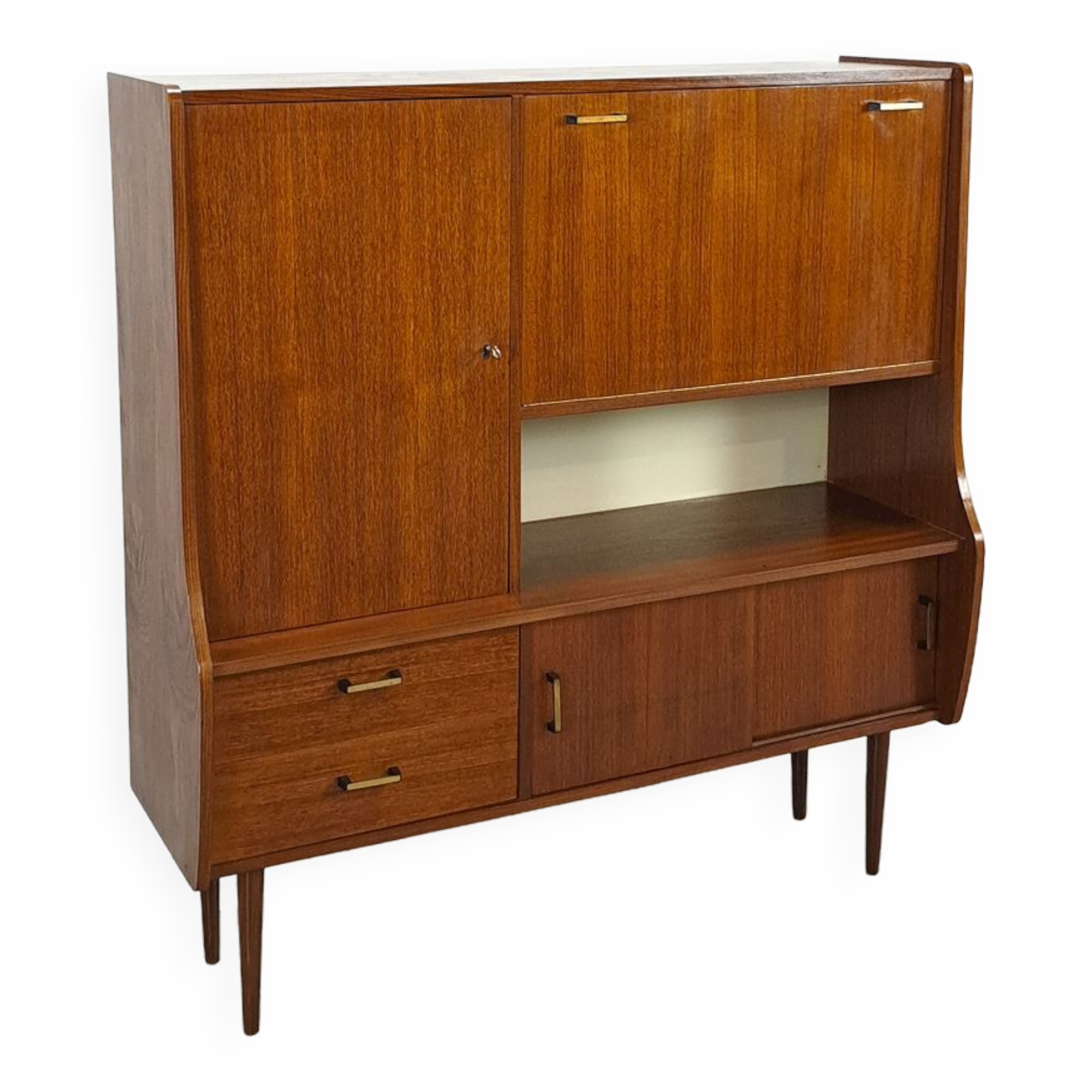 Teak veneer wall cabinet with flap, bar cabinet vintage