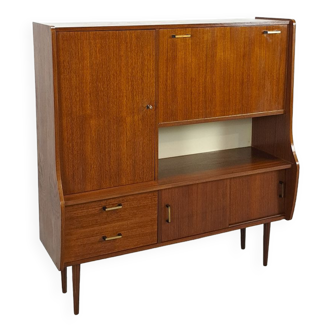 Teak veneer wall cabinet with flap, bar cabinet vintage