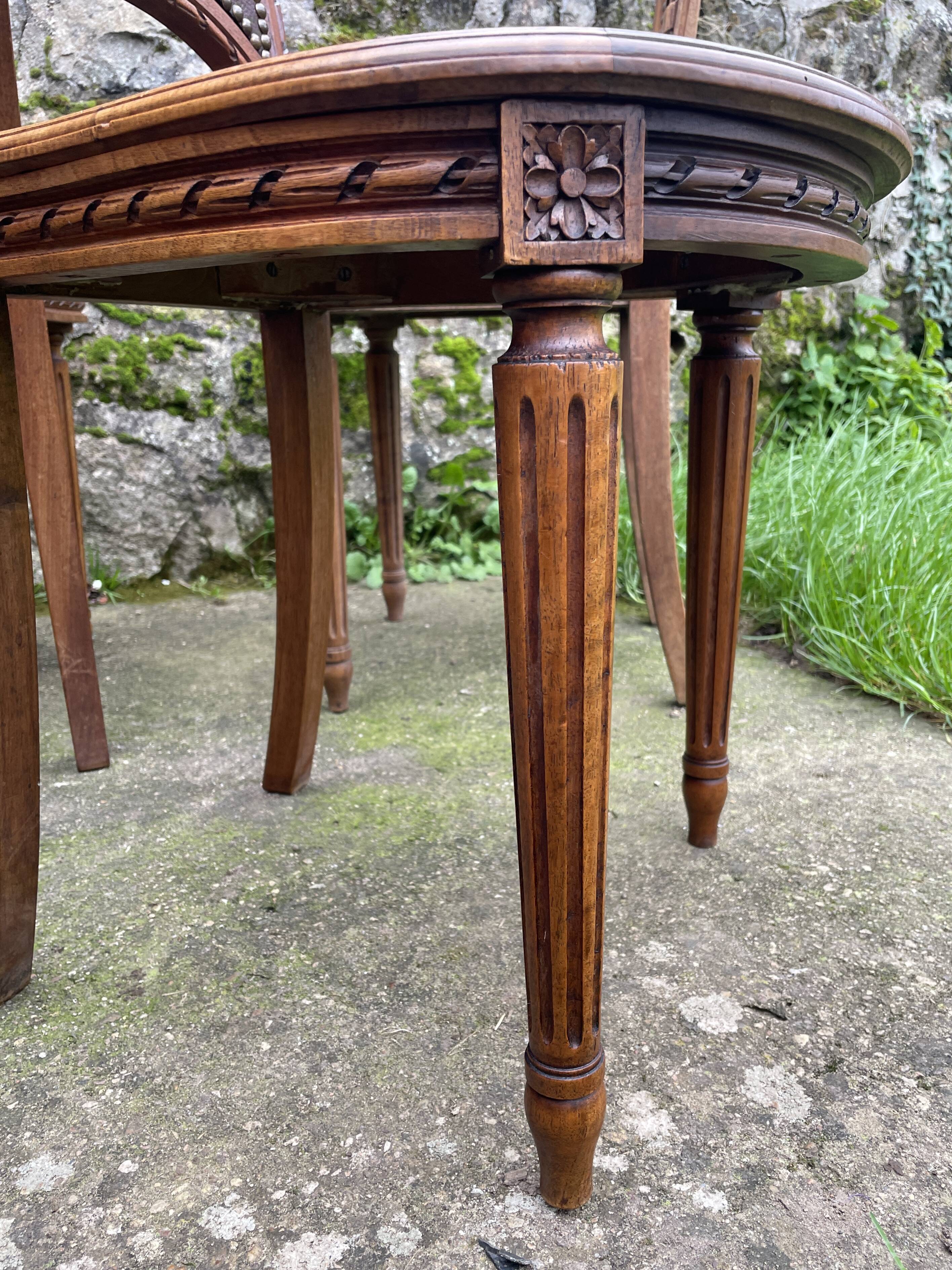 6 Louis XVI style chairs in solid beech and Cordovan leather, 1900