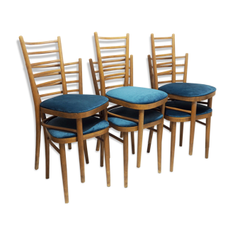 Set of 6 wooden and velvet chairs
