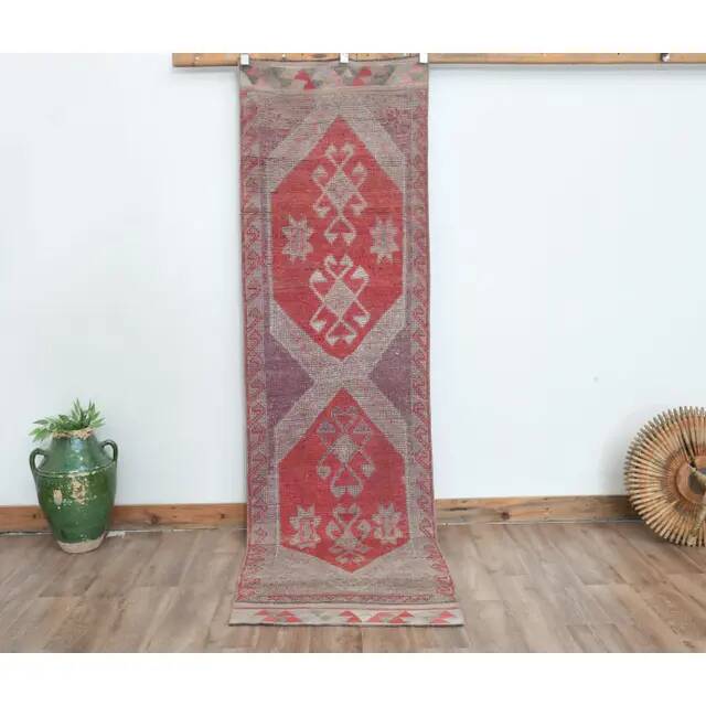 1970s Turkish Oushak Handmade Wool Cotton Red Runner Rug 81x275