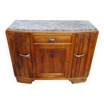 Buffet étroit Art Déco en noyer clair, dessus en marbre gris