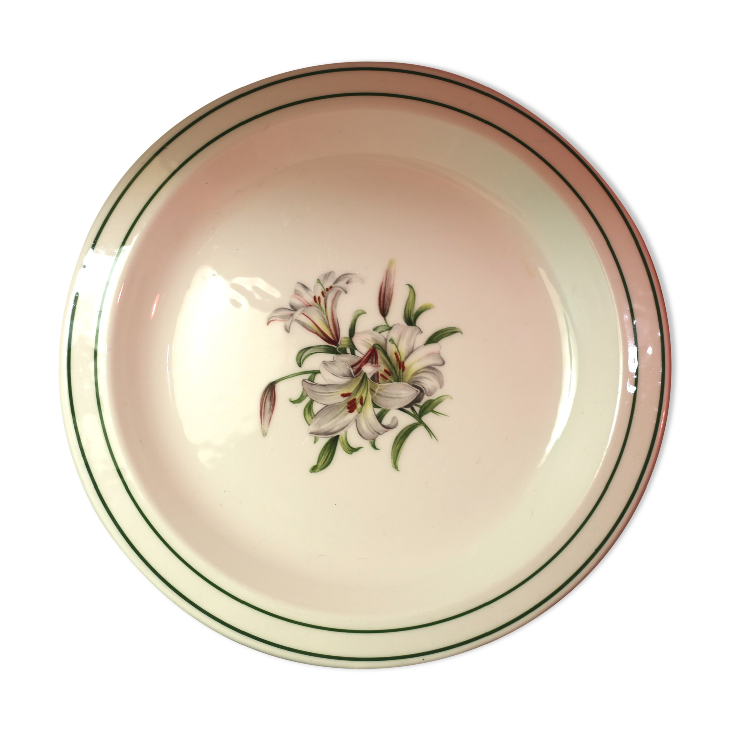 Hand-decorated dish, green line and white fleur-de-lis