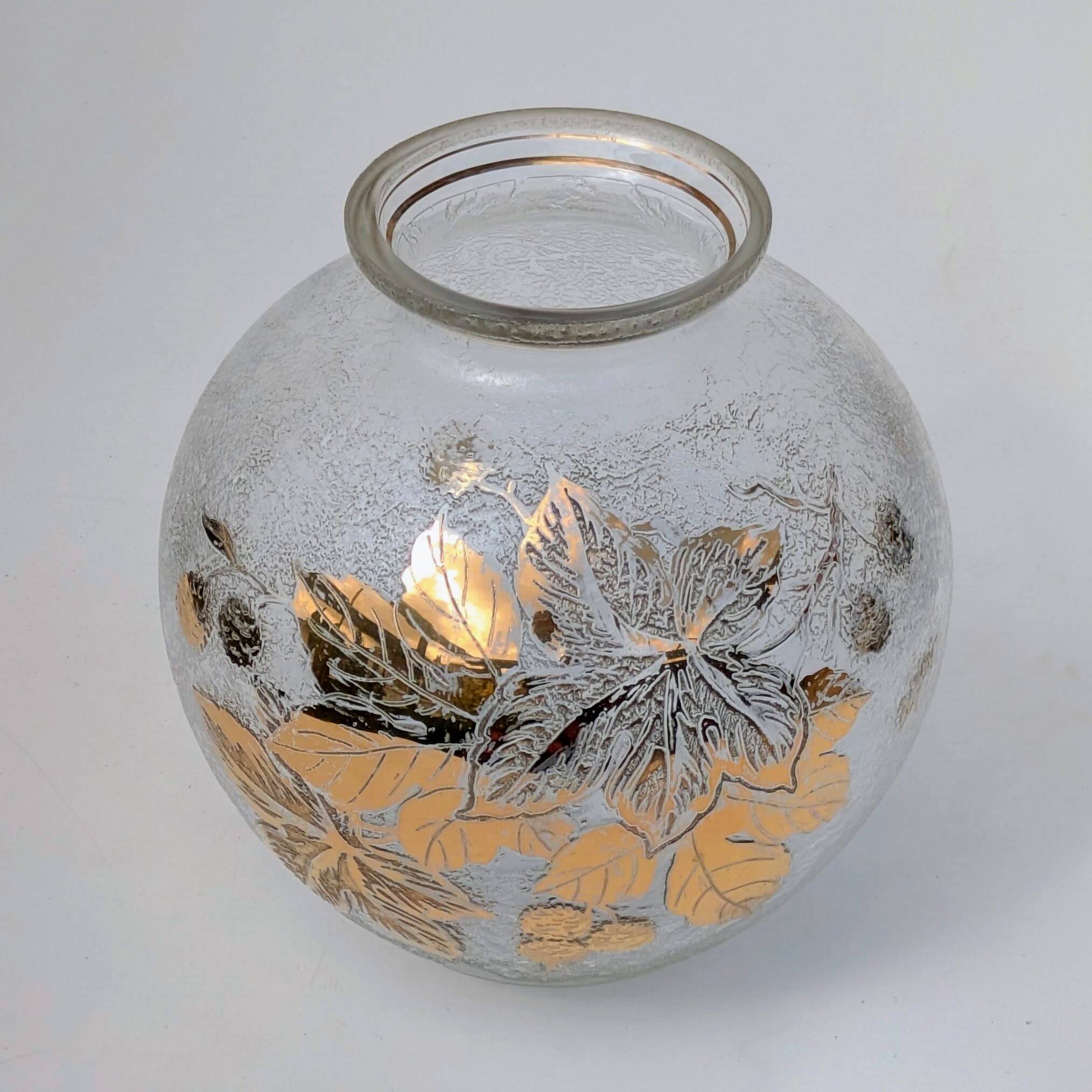 Frosted Glass Ball Vase with Golden Botanical Decoration — Signed Adat — Circa 1950