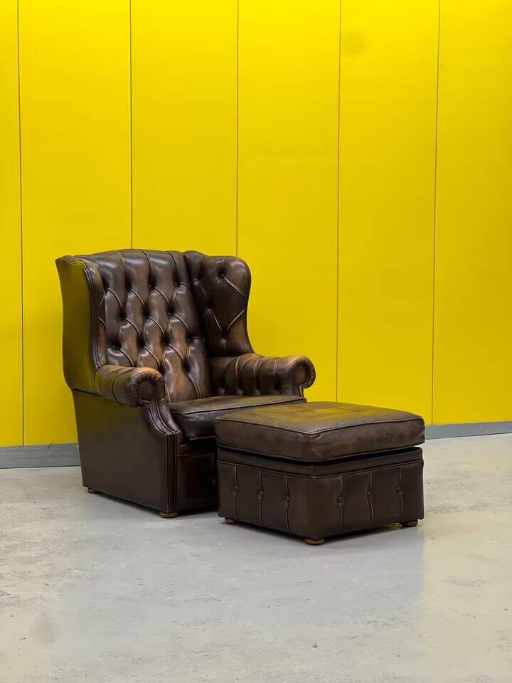 Brown leather chesterfield wing chair with Ottoman