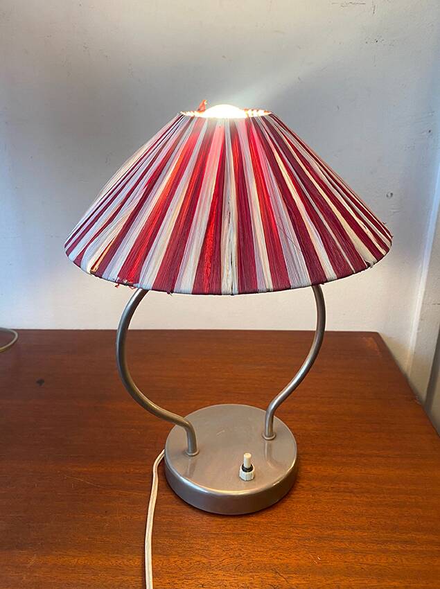 Small metal foot lamp, two-tone pleated lampshade, 1960