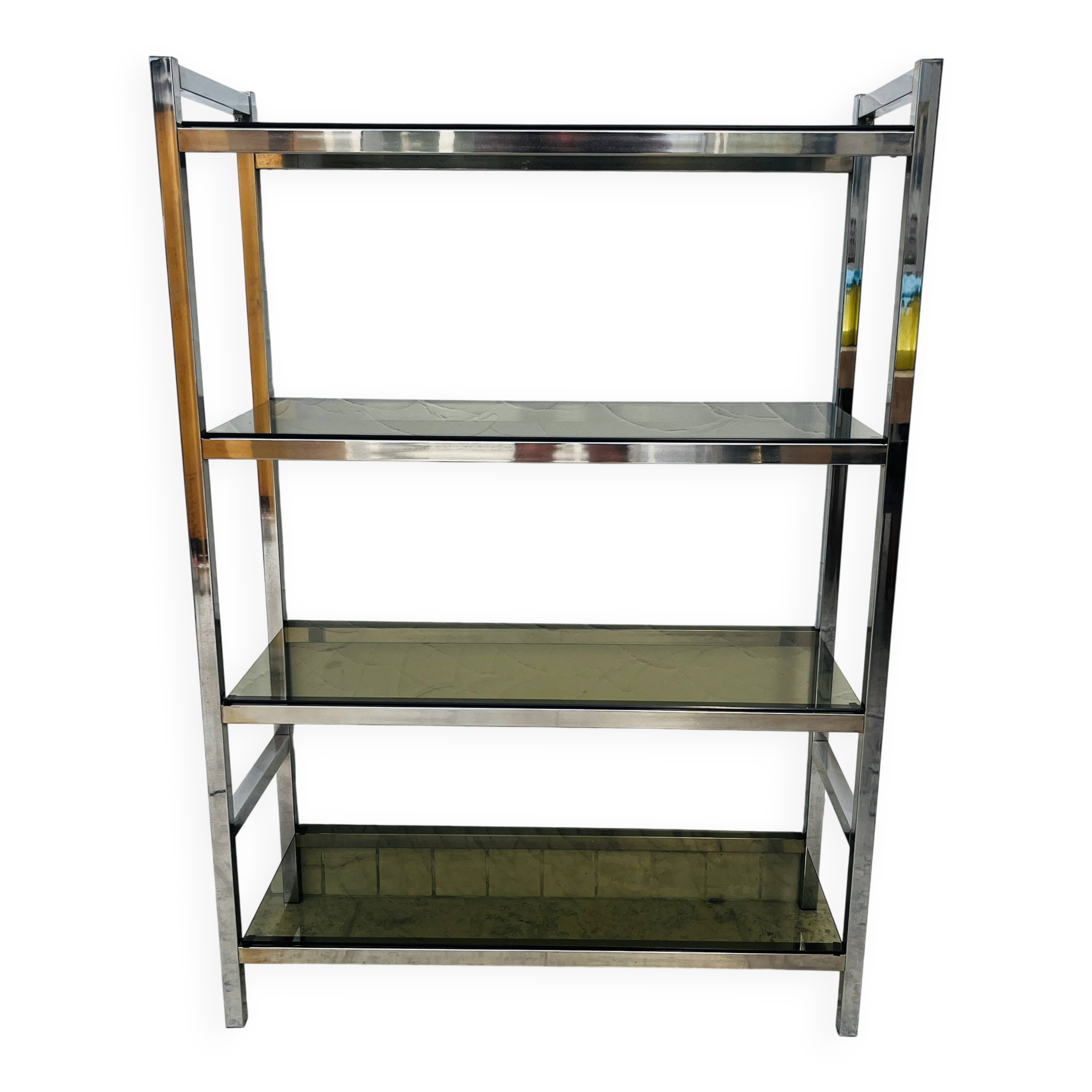 Chrome and smoked glass shelf in Italian 1970s style.