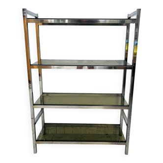 Chrome and smoked glass shelf in Italian 1970s style.