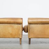Set of 2 Large Vintage Sheepskin Leather Armchairs