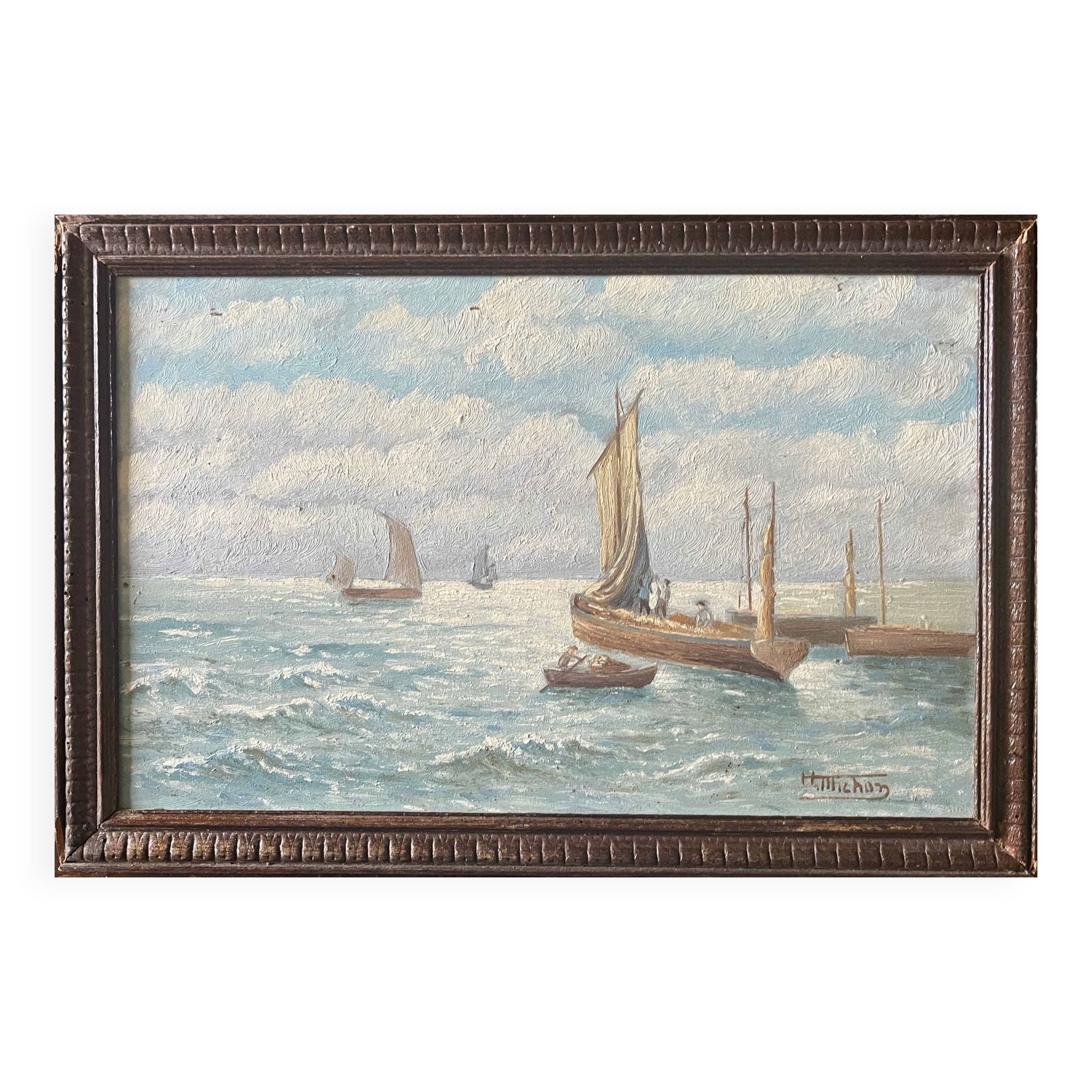 Old painting Marine Seaside signed around 1950