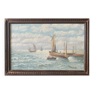 Tableau ancien Marine Bord de mer signé vers 1950