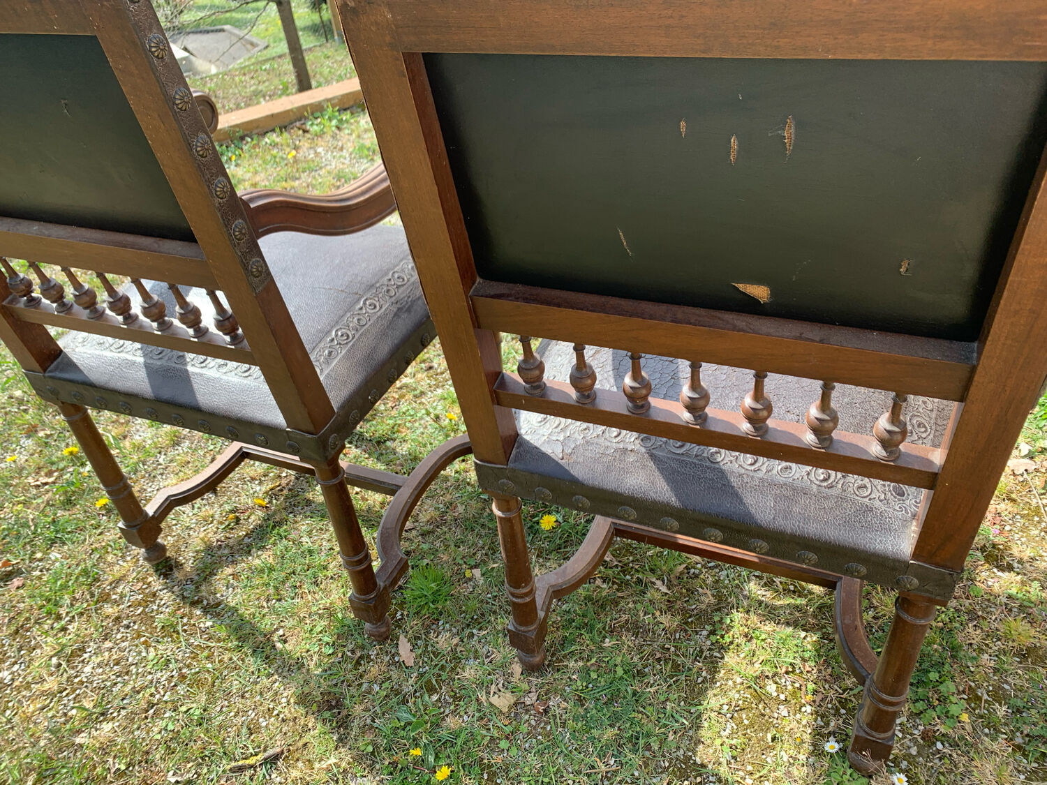 Pair of henri ll leather armchairs pushed back end 19 th