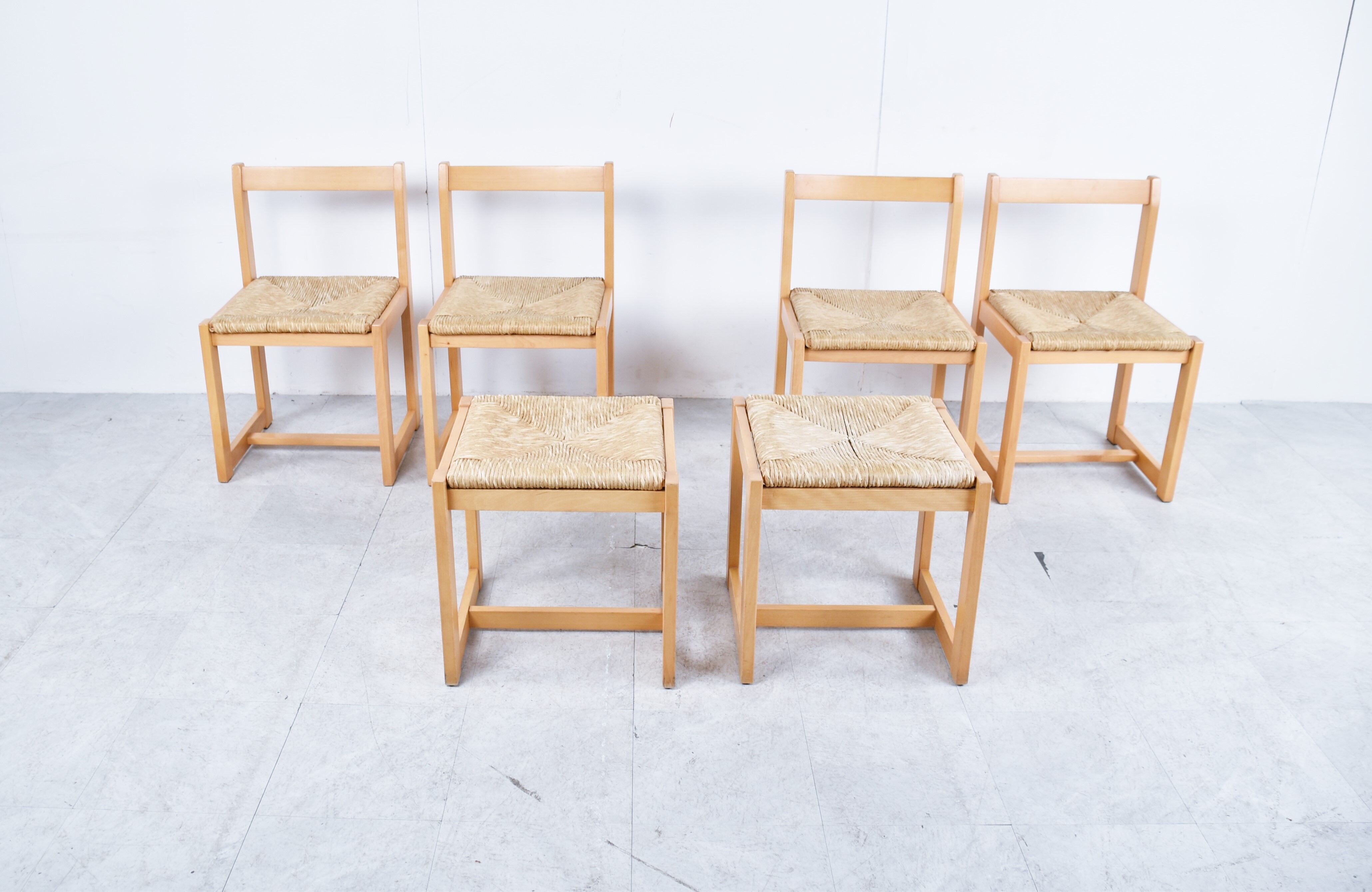6 vintage oak and wicker dining chairs, 1960s