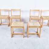 6 vintage oak and wicker dining chairs, 1960s