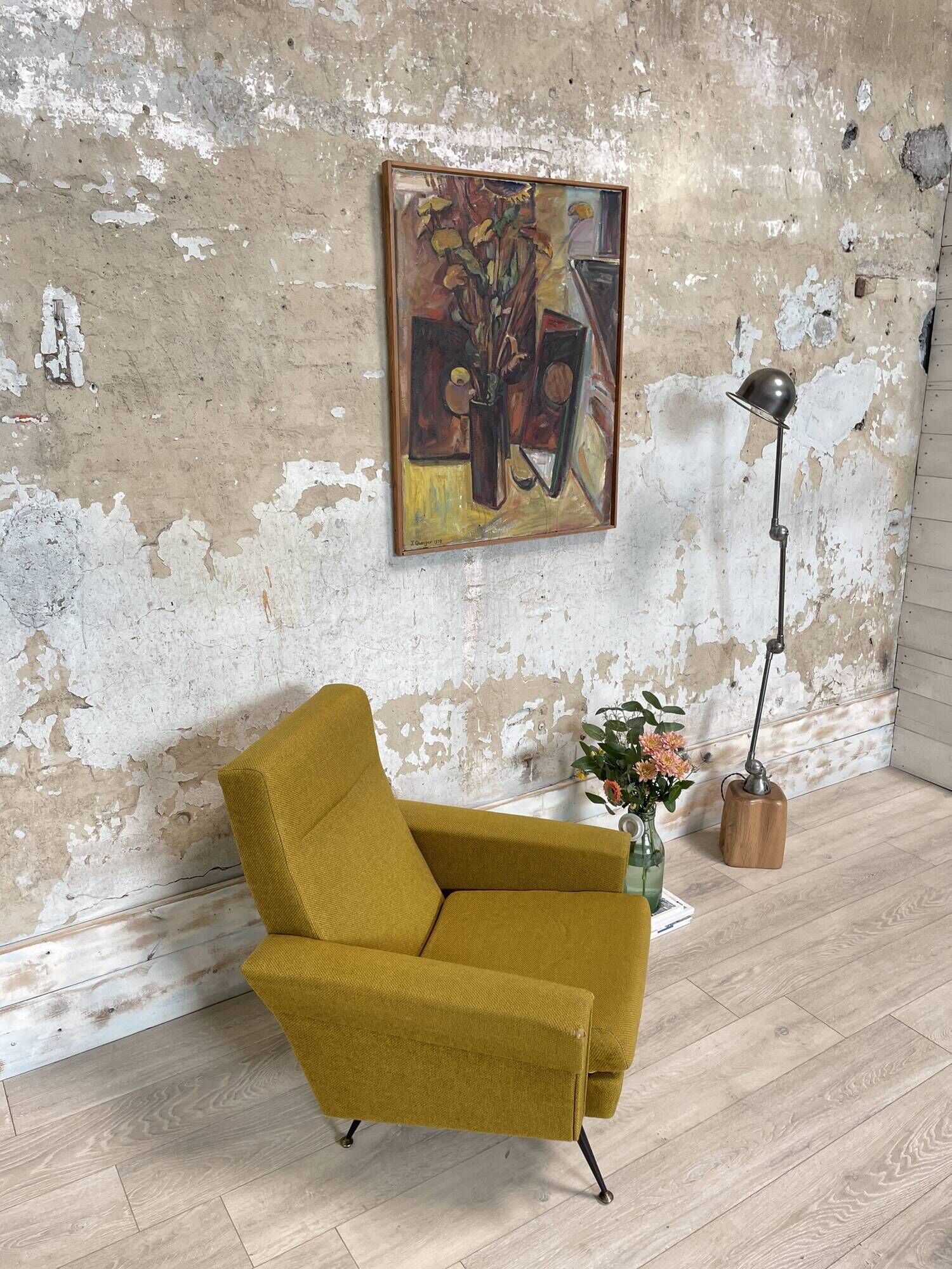 Vintage armchair in fabric and metal compass legs, circa 1950.