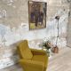 Vintage armchair in fabric and metal compass legs, circa 1950.
