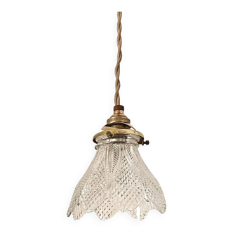Portable pendant light ribbed glass 2m fabric cable