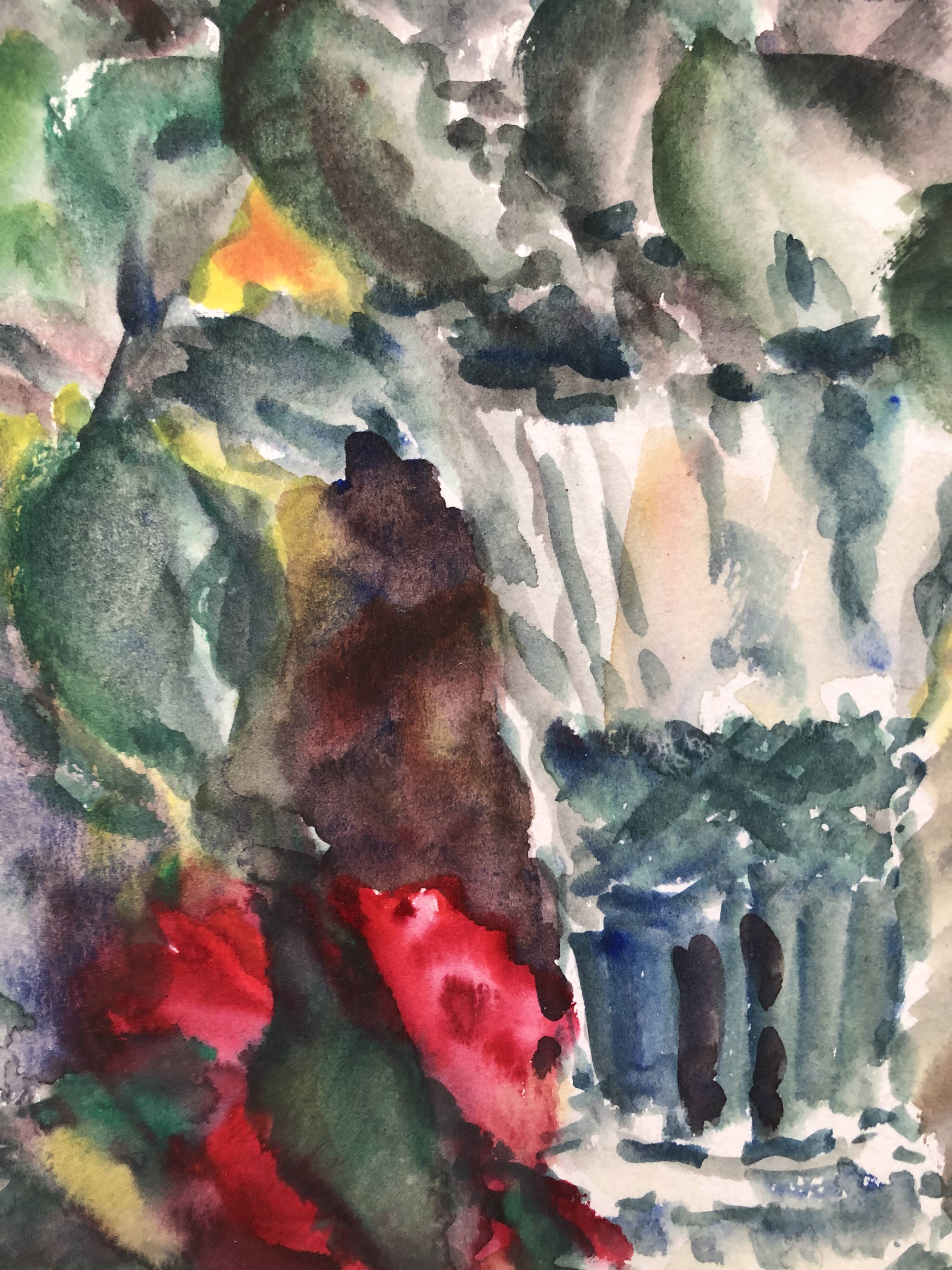 Aquarelle signé godeau : fleurs roses dans vase en verre, figuratif, peinture sur papier sans cadre