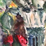 Watercolor signed godeau: pink flowers in glass vase, figurative, painting on paper without frame