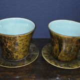 Pair of plant pots and their matching saucer – Brown/ochre marbled decor – 20th century