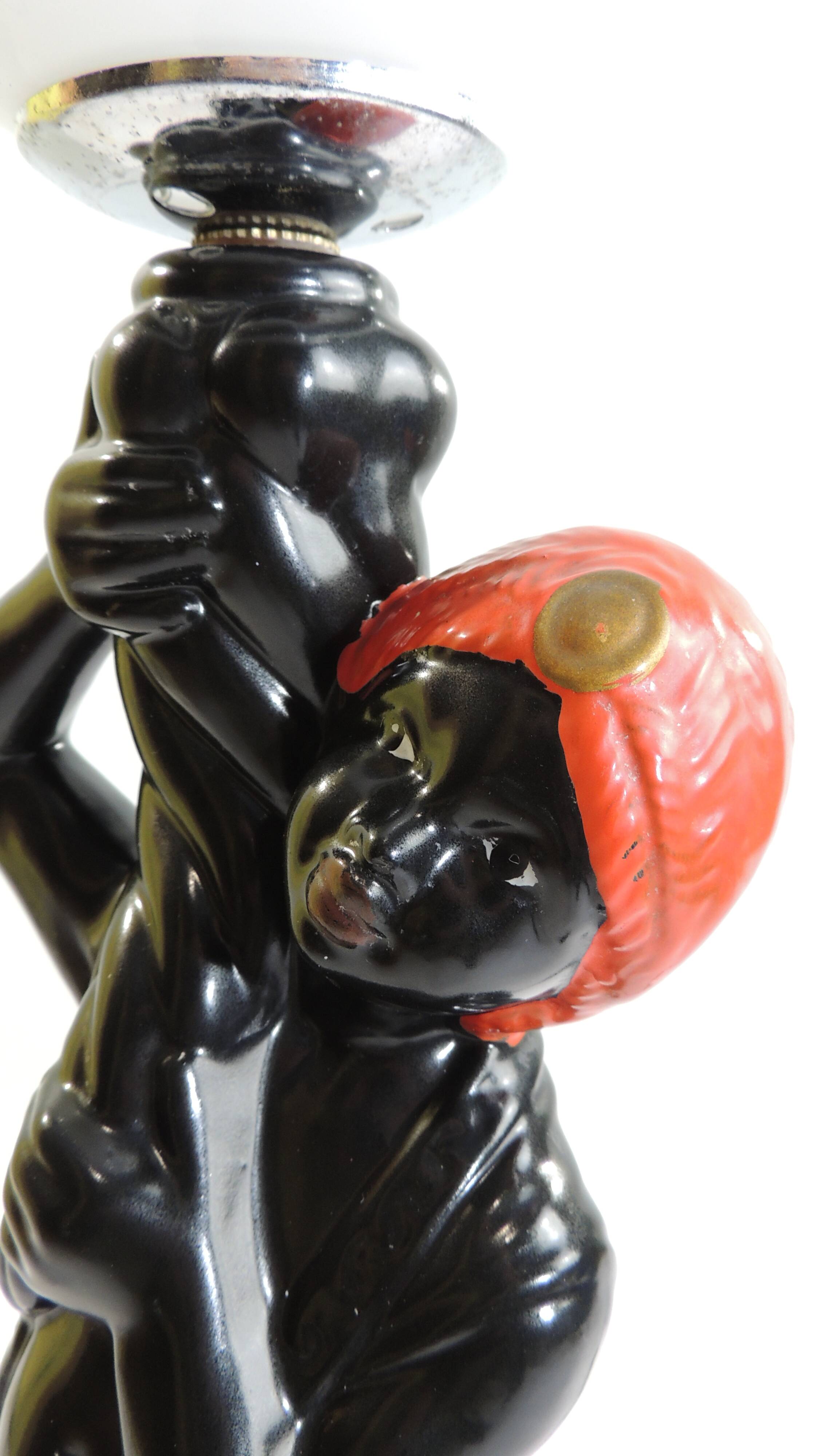 Vintage 1970s statue lamp – Black figurine in Art Deco style, opal ball.