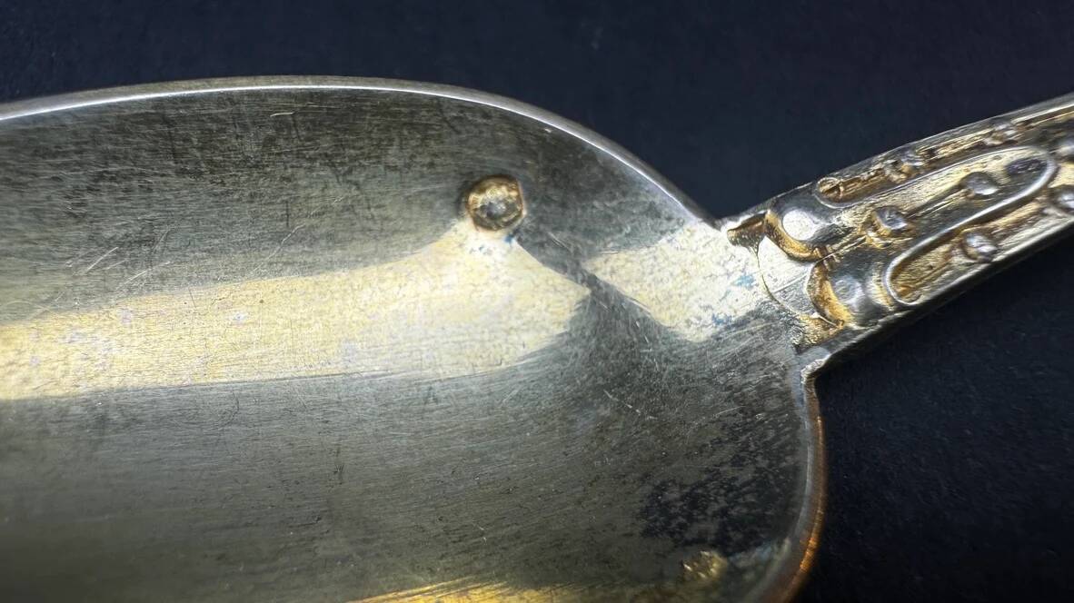 12 dessert spoons in vermeil, Minerva 19th century, blackened pear tree box