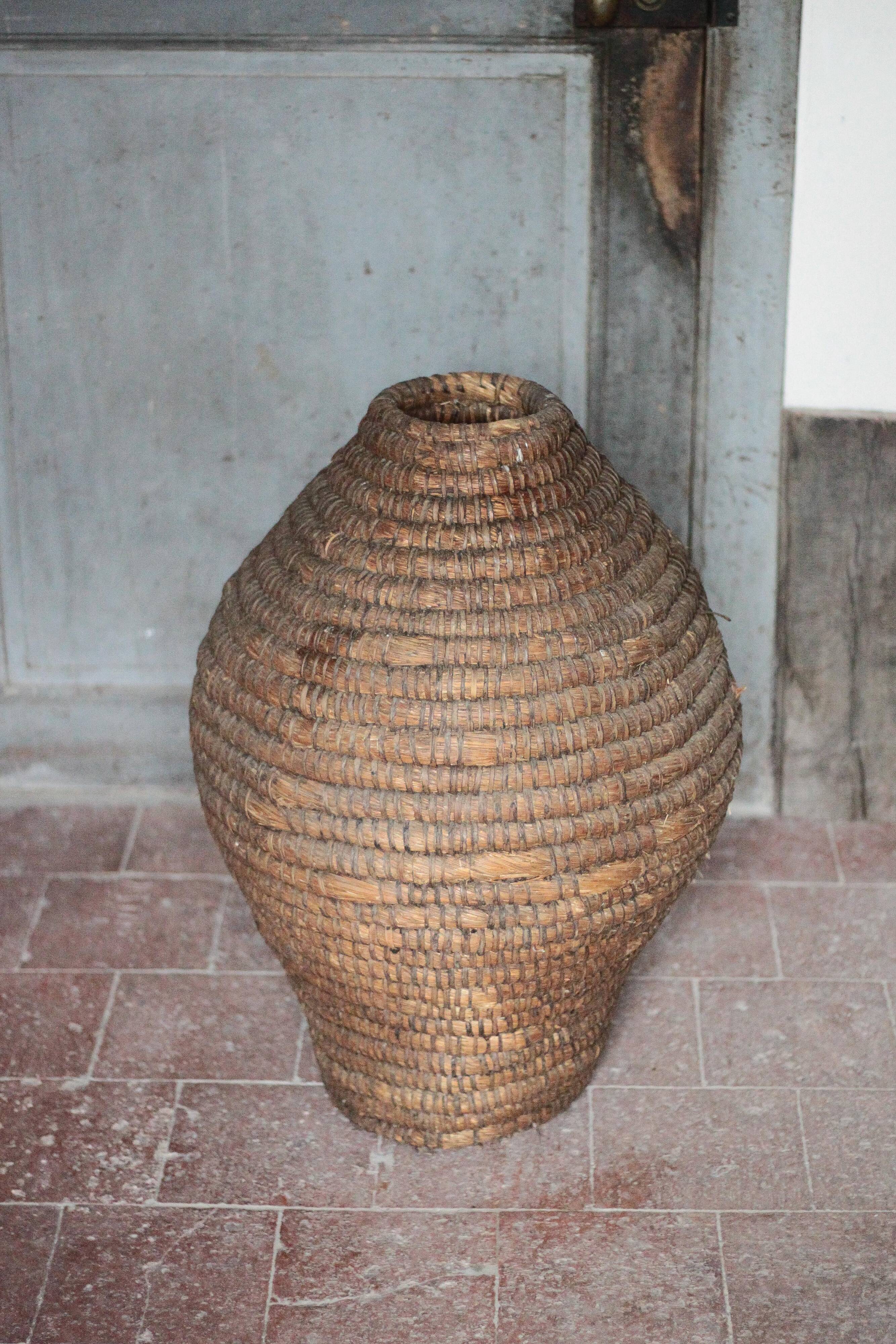 Old basket, straw and bramble, woven basket, interior decoration
