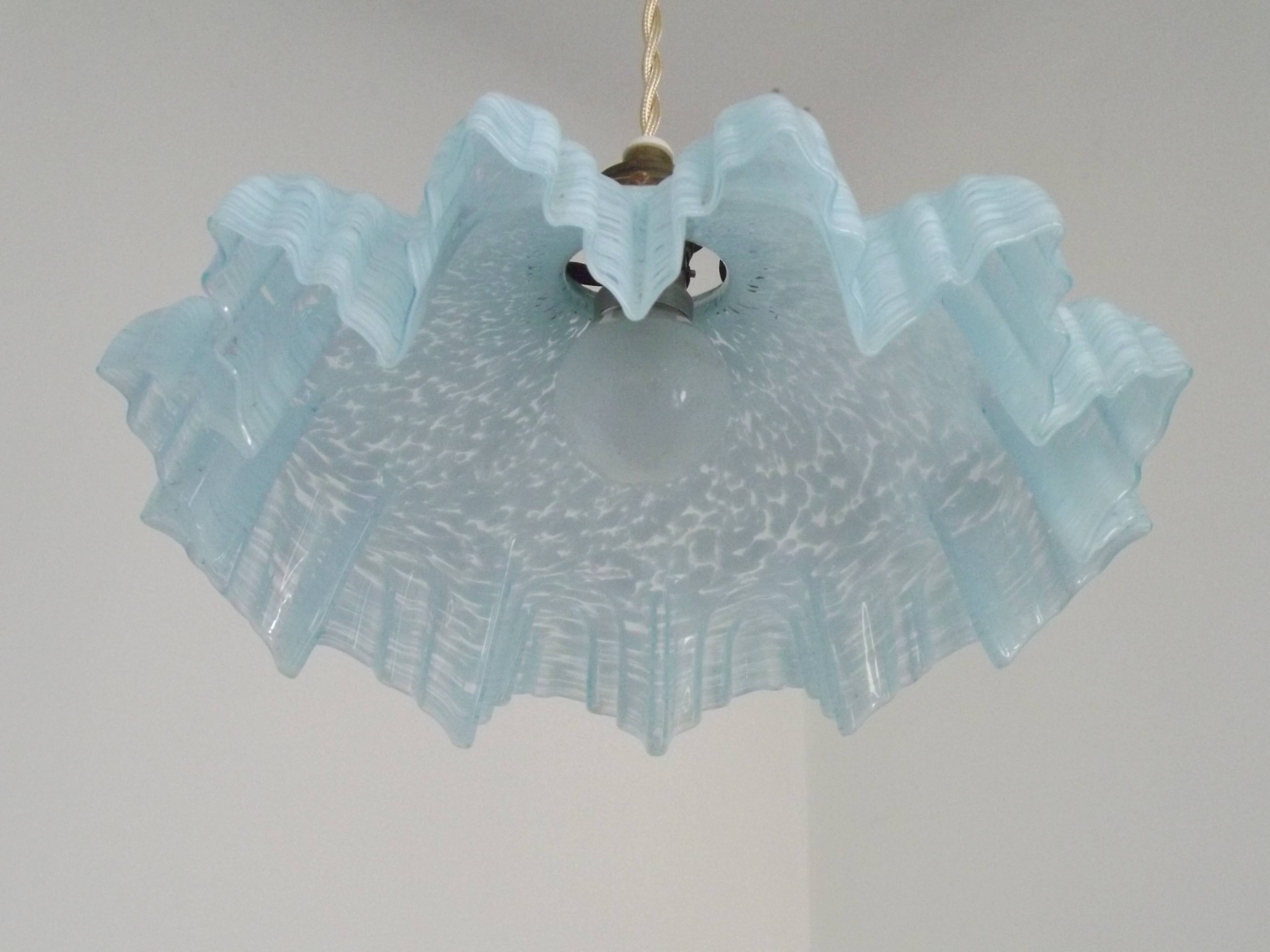 French Vintage 1930s Pale Blue Frilled Clichy Glass Lampshade Ceiling Light