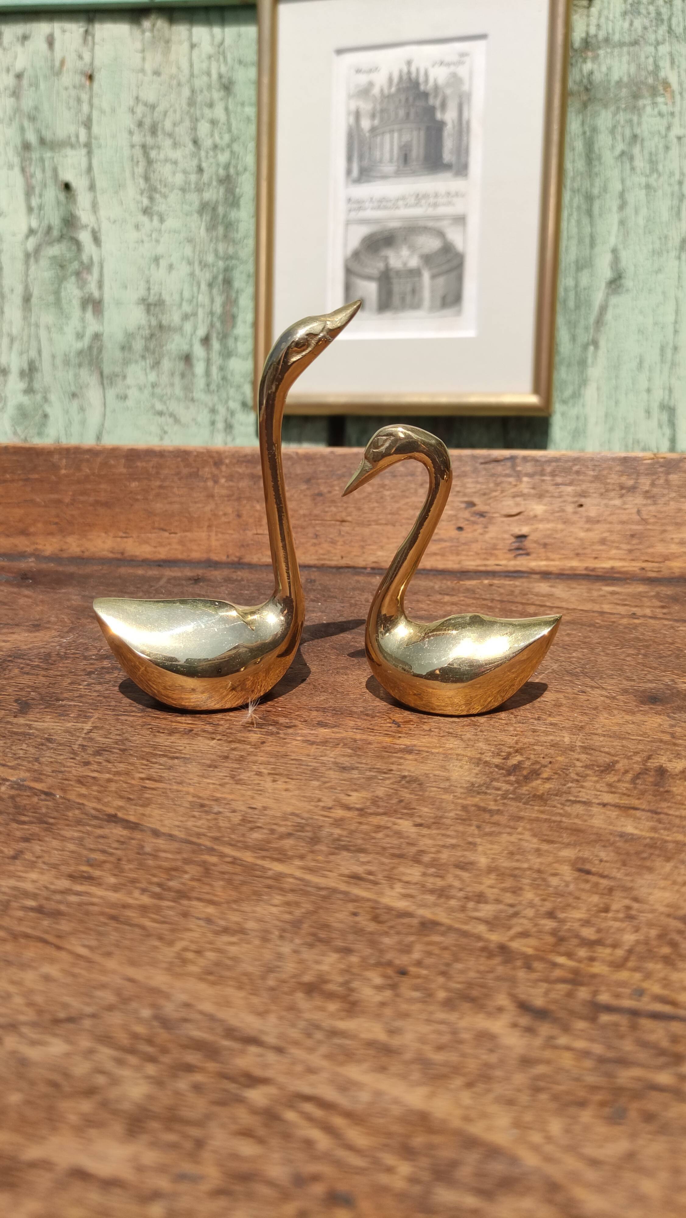 Pair of golden brass swans