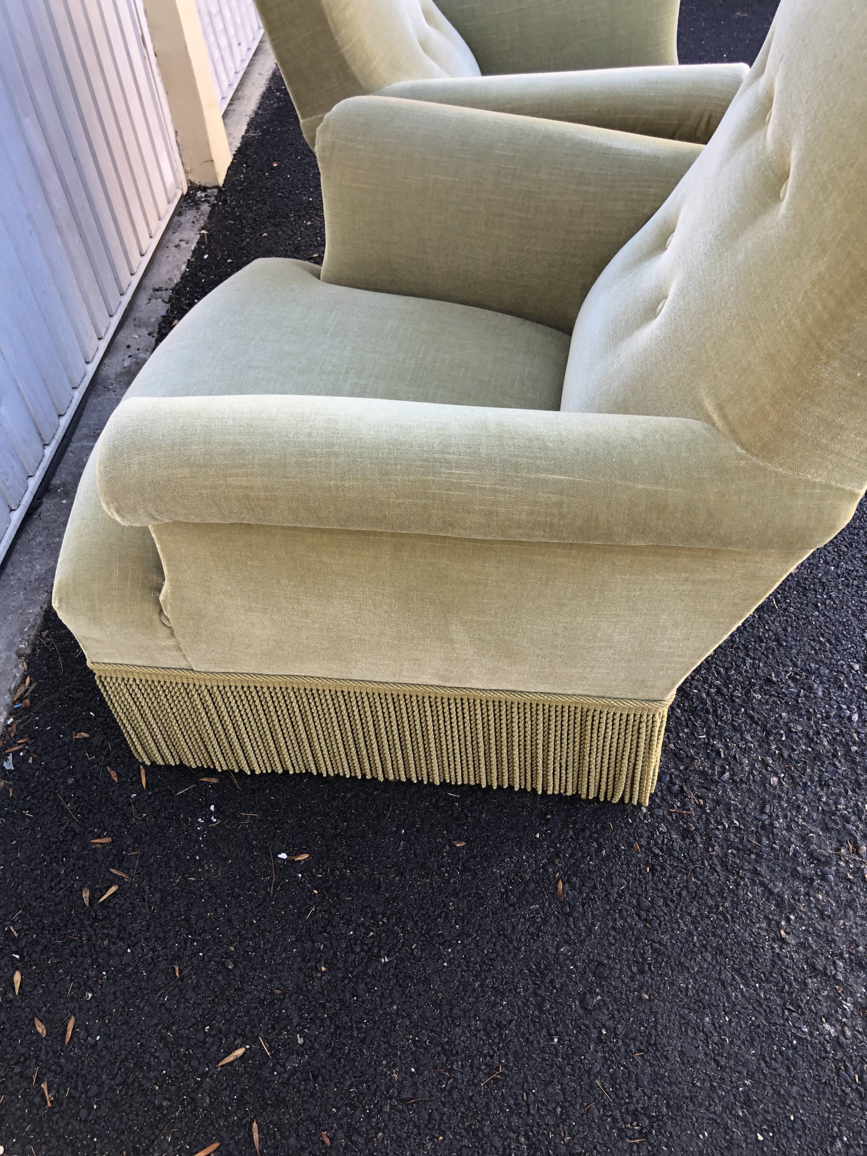 Pair of vintage almond green velvet armchairs
