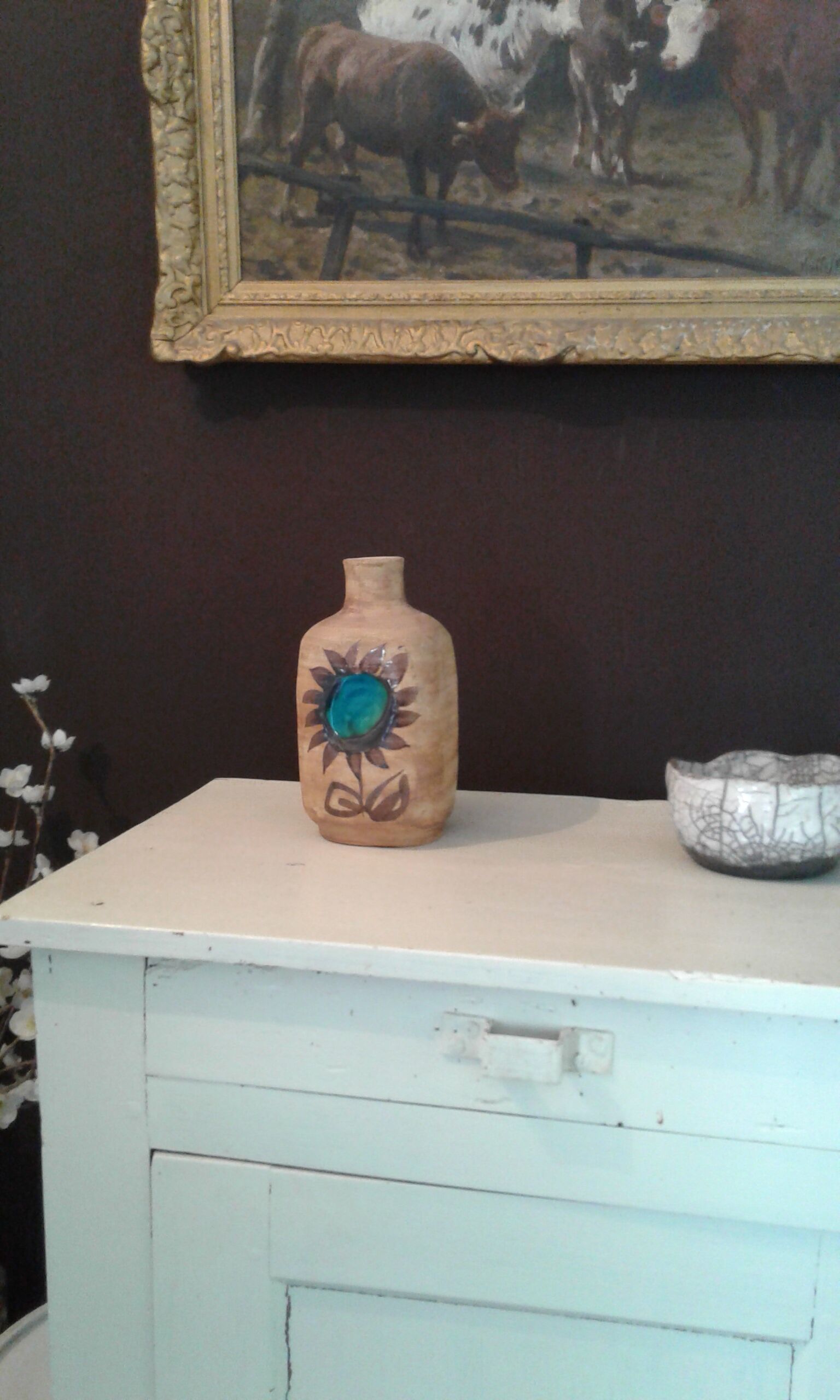 Bottle vase. ceramic enamelled with a flower. Mid-20th. Ht 21.5 cm