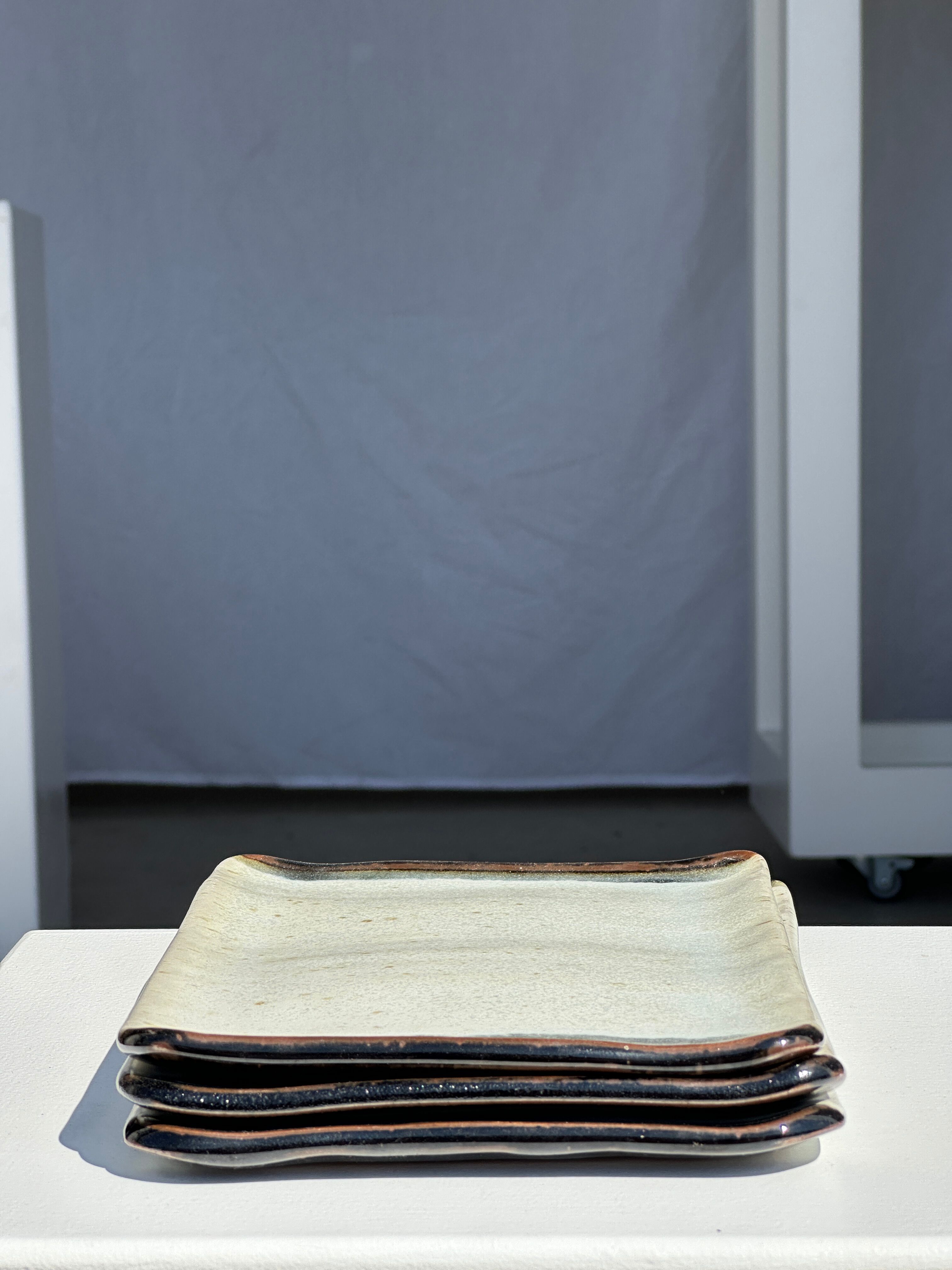 Trio of small rectangular serving dishes white and black Indonesian ceramic 21x16