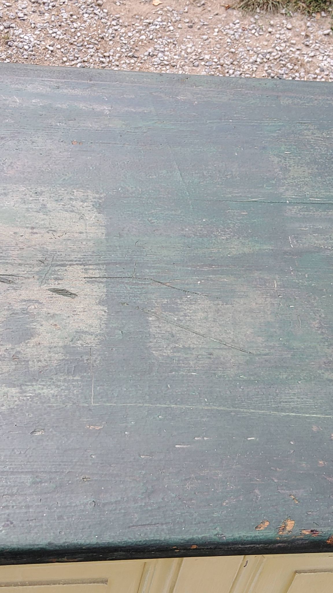 Late 19th century grocery counter in green and yellow patina painted wood